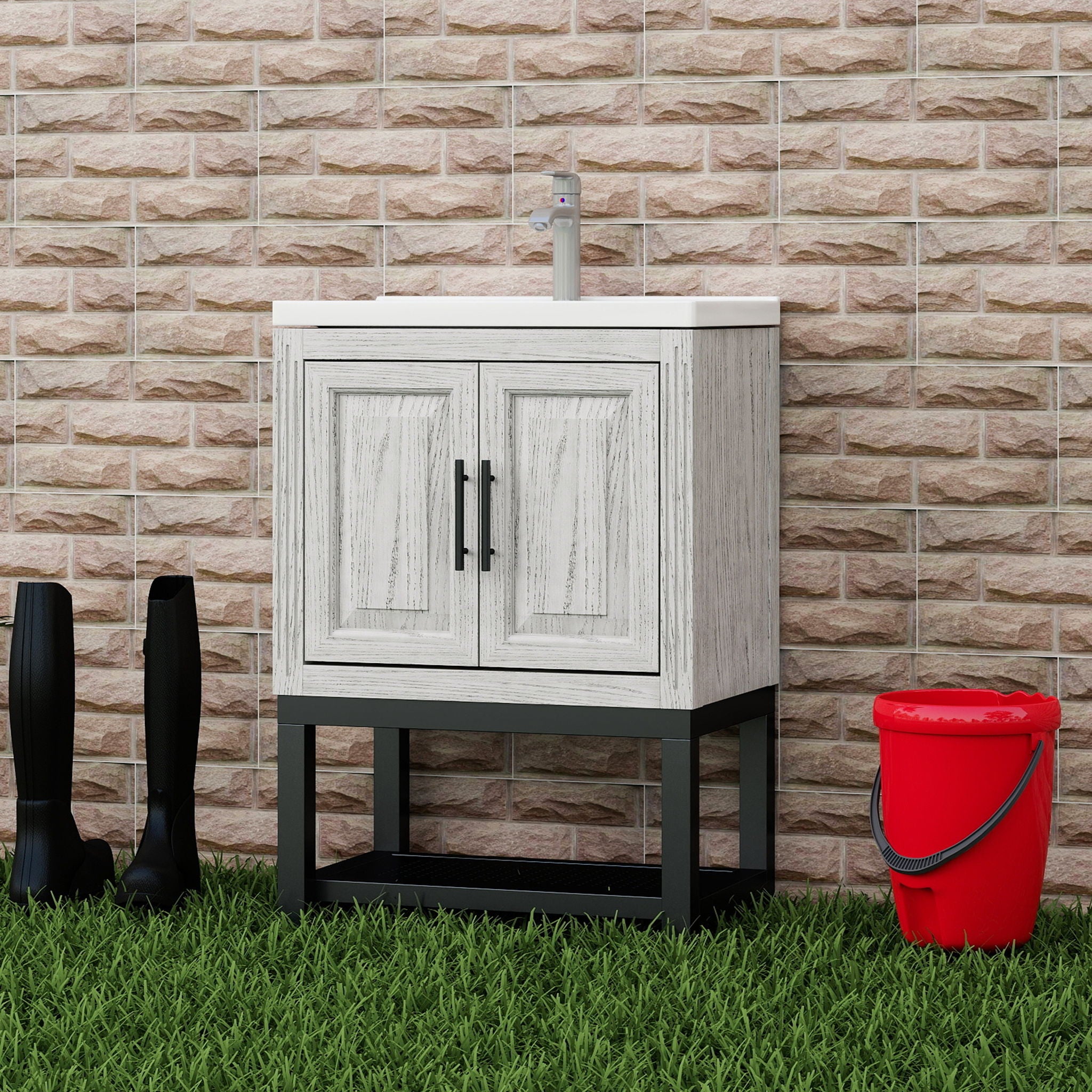 Modern Freestanding Bathroom Vanity With Ceramic Sink, Hot And Cold Faucet, Storage Cabinet &amp; Open Shelf