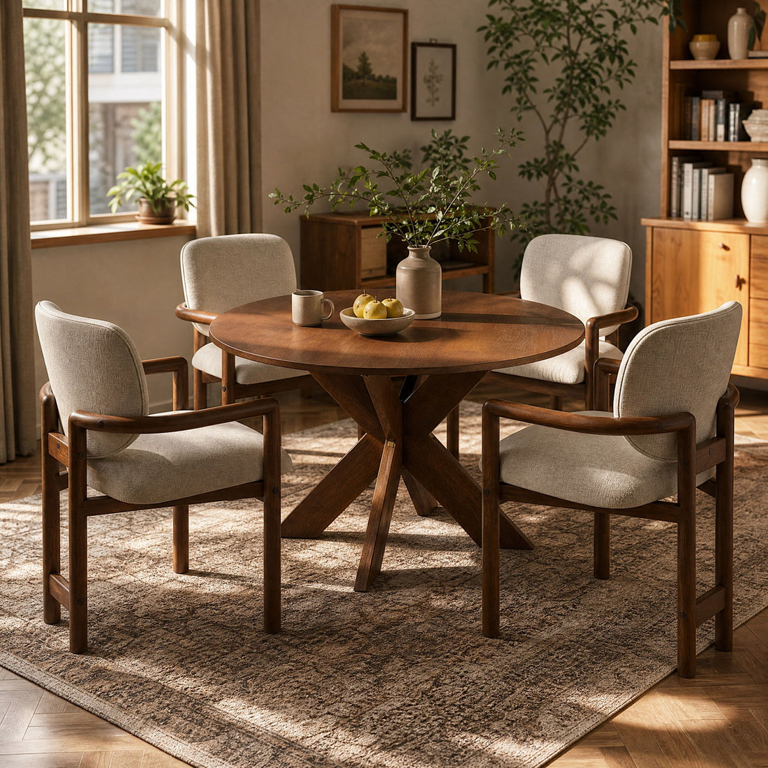 5 Piece Indoor Dining Set, Round Table &amp; 4 Brown Arm Chairs - Beige / Brown / Cherry