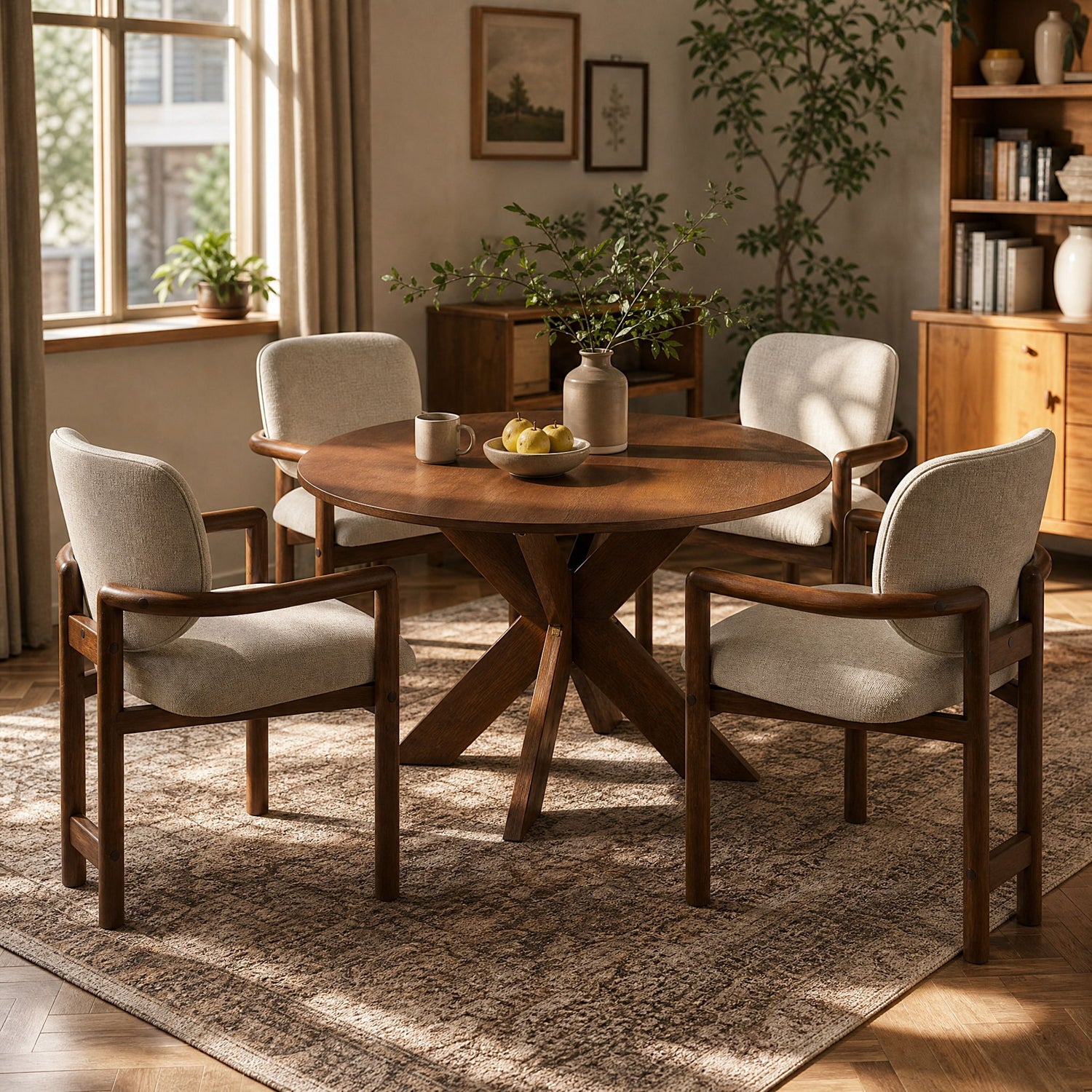 5 Piece Indoor Dining Set, Round Table &amp; 4 Brown Arm Chairs - Beige / Brown / Cherry