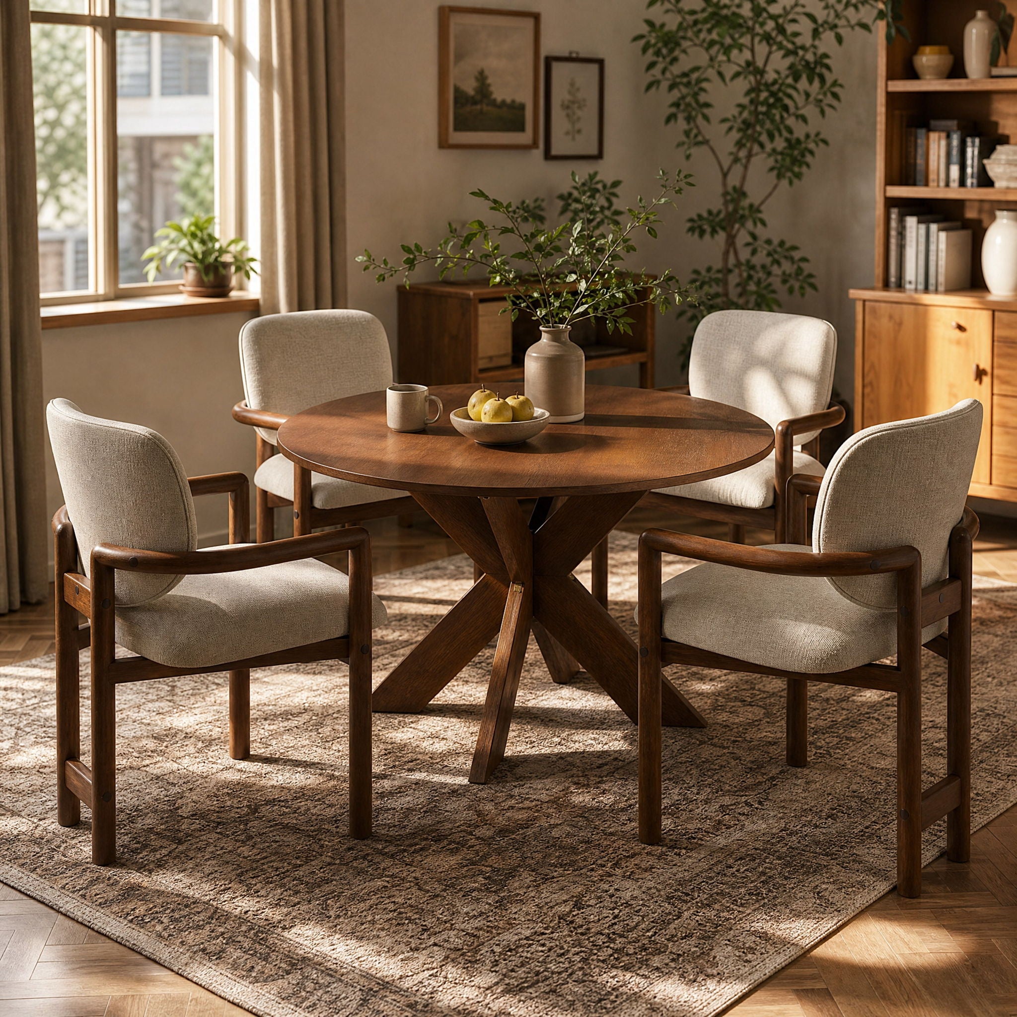 5 Piece Indoor Dining Set, Round Table &amp; 4 Brown Arm Chairs - Beige / Brown / Cherry