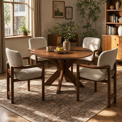 5 Piece Indoor Dining Set, Round Table &amp; 4 Brown Arm Chairs - Beige / Brown / Cherry