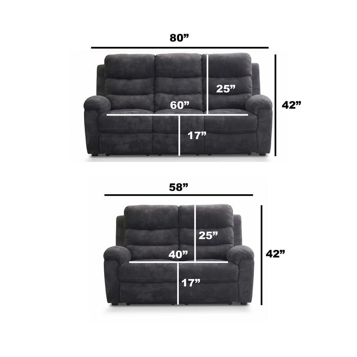2 Piece Reclining Sofa Set, 3 Seat Sofa &amp; 2 Seat Loveseat, 150° Recline - Dark Gray