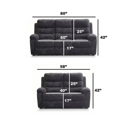 2 Piece Reclining Sofa Set, 3 Seat Sofa &amp; 2 Seat Loveseat, 150° Recline - Dark Gray