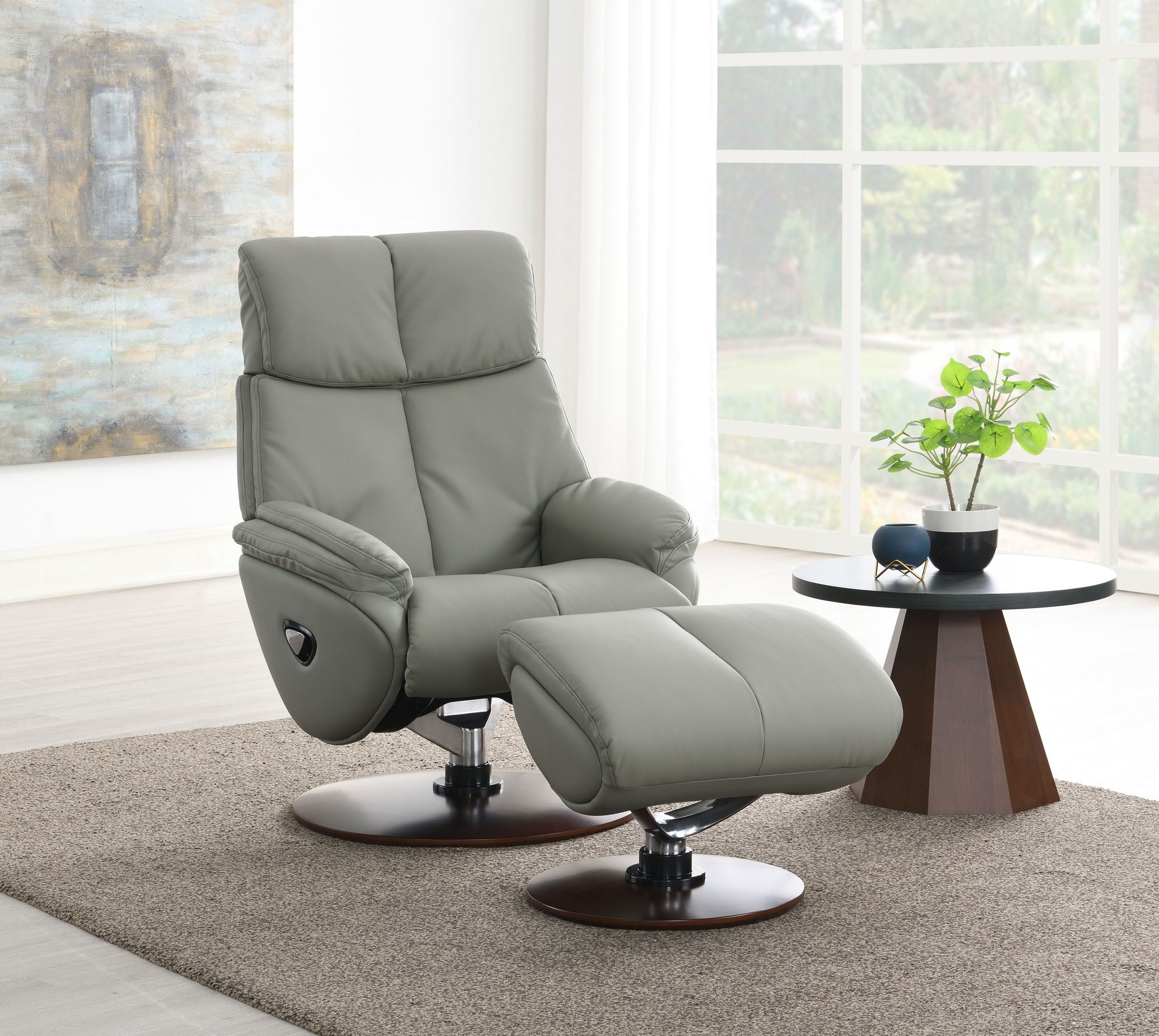 Kandoro - Top Grain Leather Accent Chair With Swivel &amp; Ottoman - Gray