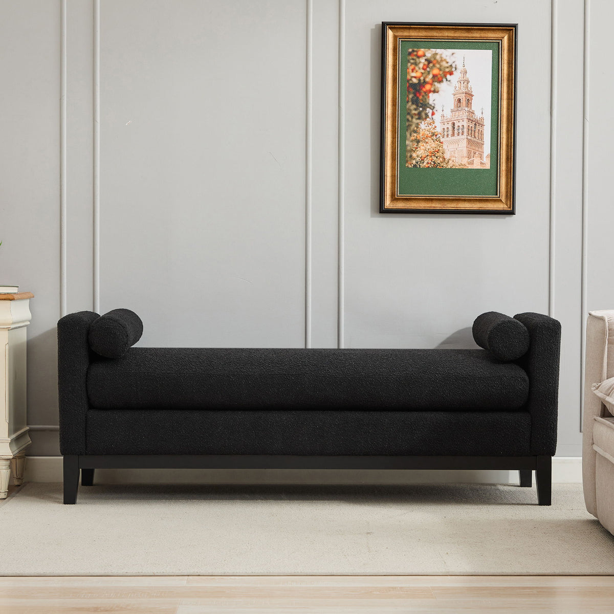 Upholstered End Of Bed Bench With Arms &amp; 2 Bolsters For Bedroom