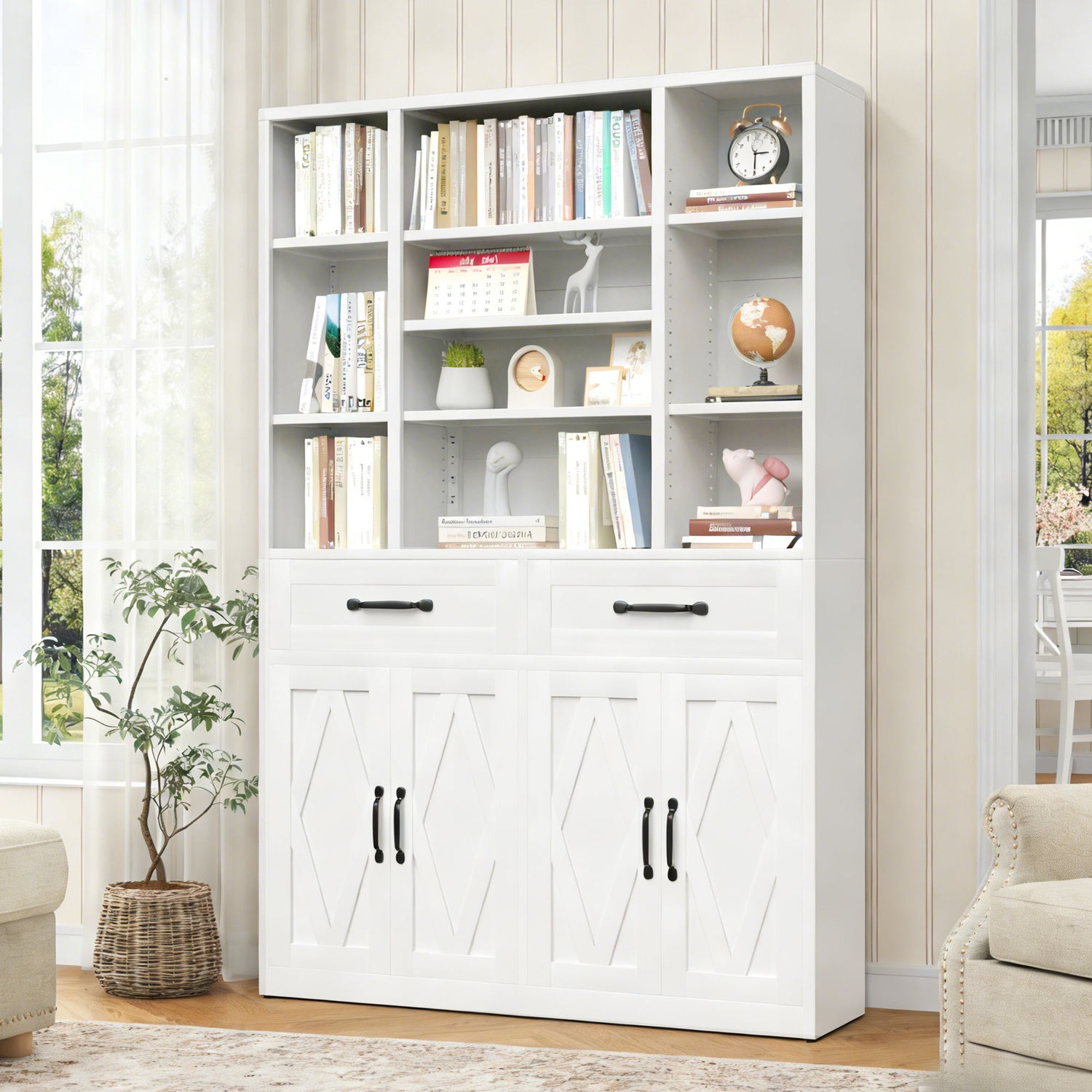 Industrial Bookcase Tall With Adjustable Shelves, Drawers &amp; Doors