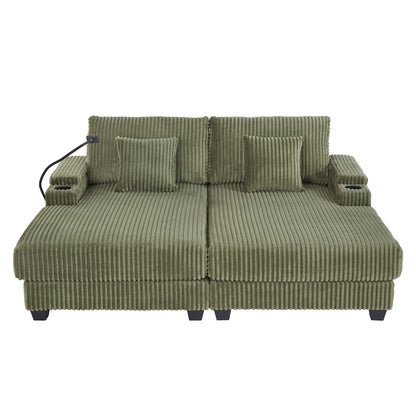 Modern Chaise Sofa With Adjustable Backrest, Cup Holders, Phone Holder &amp; Storage Compartments For Living Room