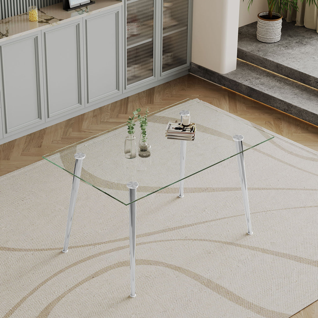 Thick Tempered Glass Top Dining Table &amp; Stainless Steel Legs - Silver