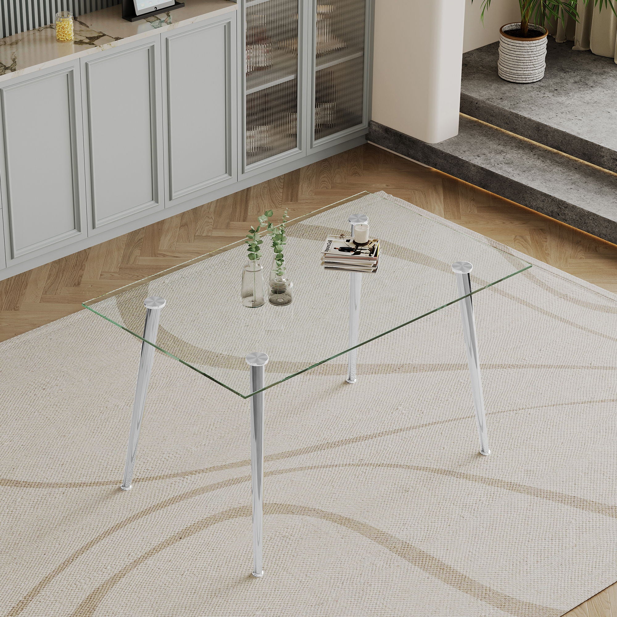 Thick Tempered Glass Top Dining Table &amp; Stainless Steel Legs - Silver