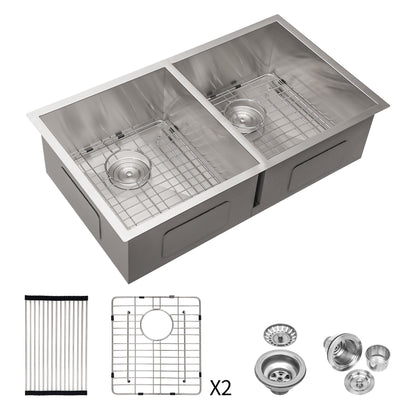 16 Gauge Undermount Double Bowl Kitchen Sink With 9&quot; Deep Bowls - Brushed Nickel