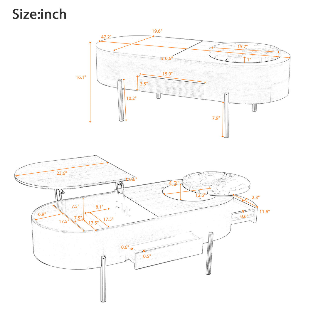 Lift Top Coffee Table With 360 Degree Marble Patterned Rotating Tray