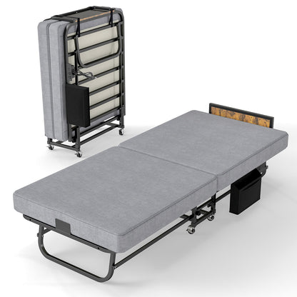 Twin Folding Bed With Headboard &amp; USB Charging Station - Gray