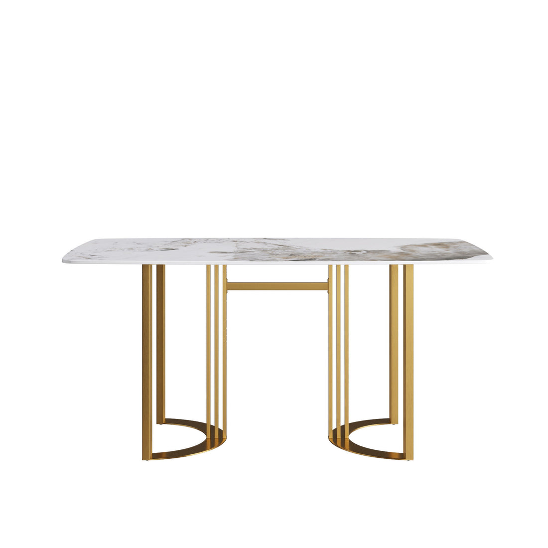 63&quot; Modern Artificial Stone Pandora White Curved Metal Leg Dining Table, 6 People - Antique White