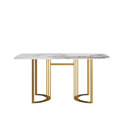 63&quot; Modern Artificial Stone Pandora White Curved Metal Leg Dining Table, 6 People - Antique White