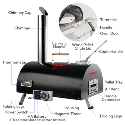 Pizza Oven Outdoor 12&quot; Automatic Rotatable Pizza Ovens Portable Stainless Steel Wood Fired Pizza Oven Pizza Maker With Built-In Thermometer Pizza Cutter Carry Bag