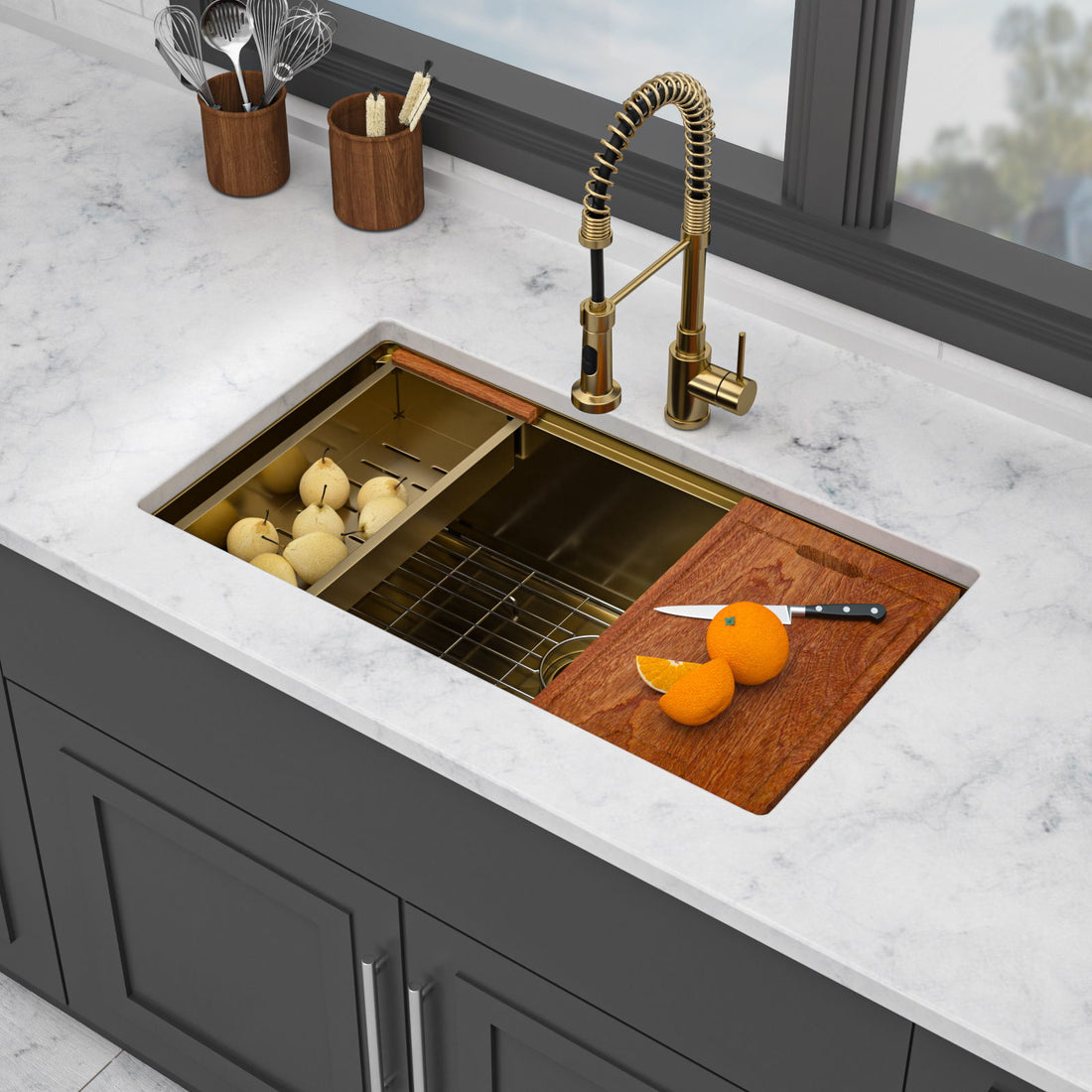 Undermount Kitchen Sink 36 X 19 X 9&quot;, 16 Gauge Deep Workstation Sink With Cutting Board And Accessories - Gold