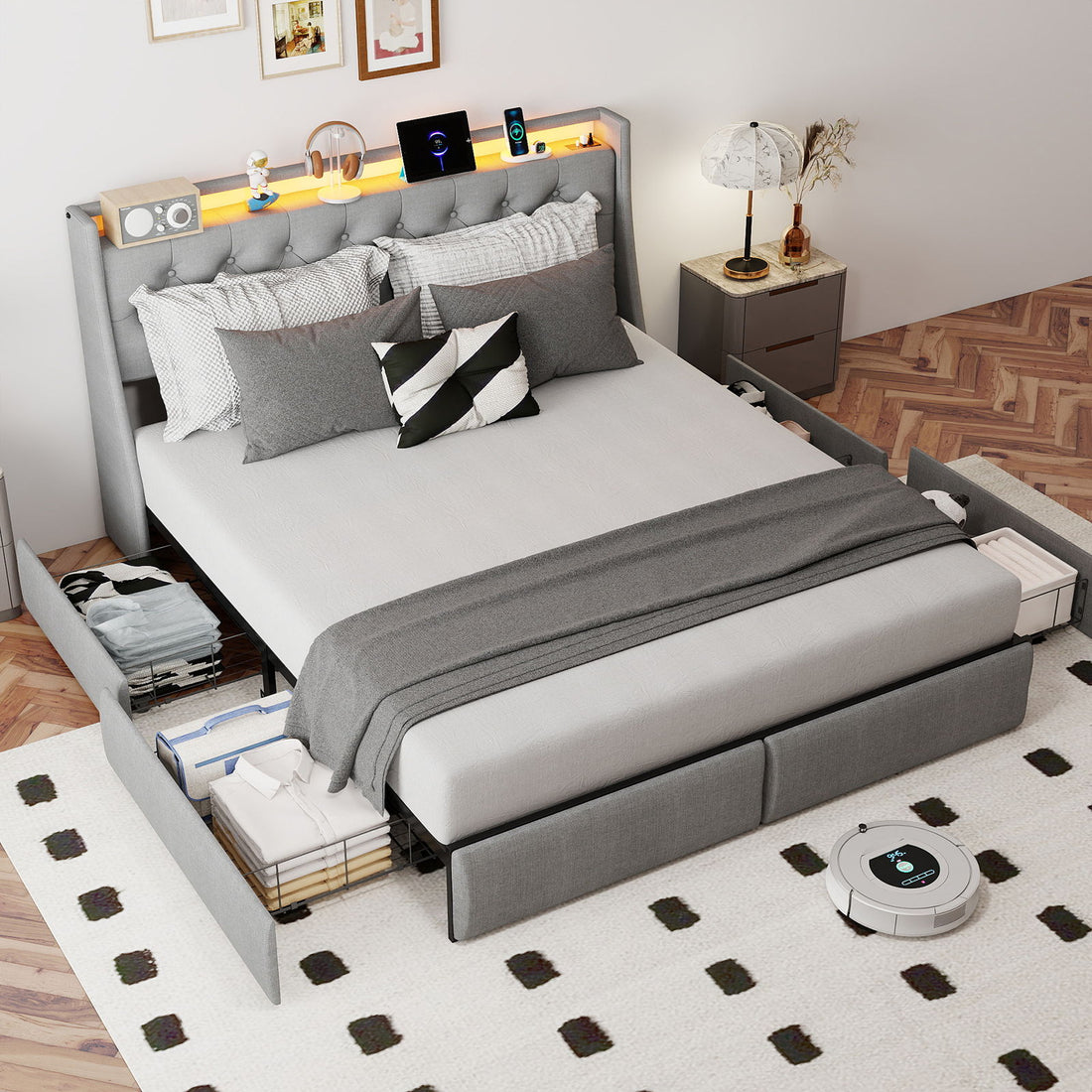 Platform Bed Frame With RGB LED Lights, Charging Station, Storage Headboard &amp; 4 Underbed Drawers