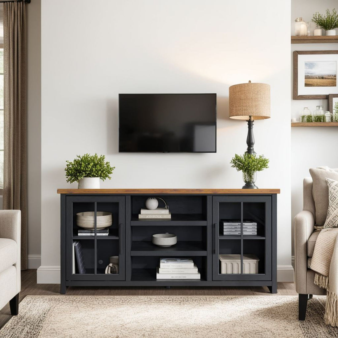 Essex - TV Stand Console For TVs Up To 80&quot; - Black, Whiskey