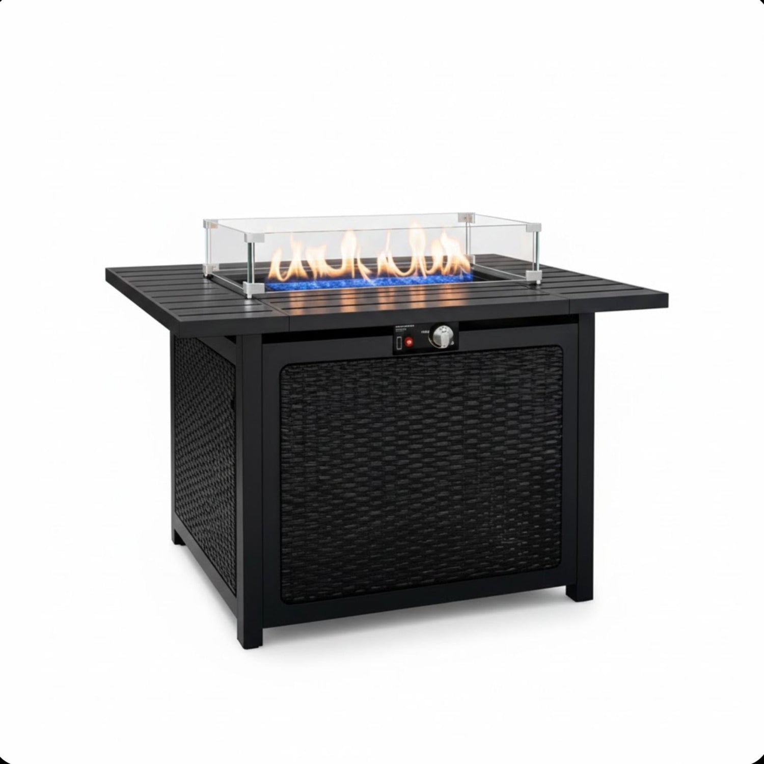 Outdoor 2 In 1 Propane Fire Pit Table With Lid &amp; Glass Shield, Rectangular Fire Table, Lava Rock &amp; Cover - Black