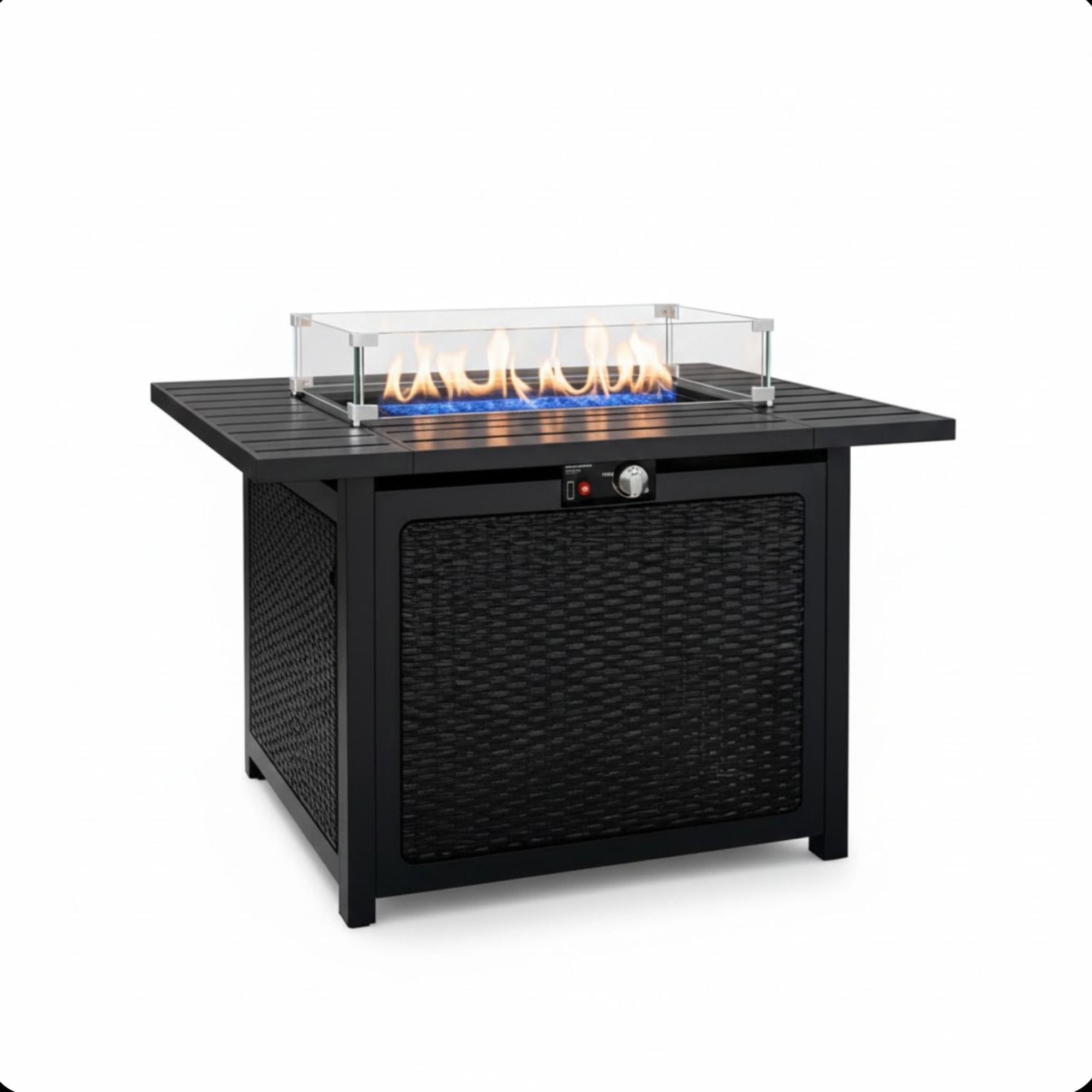 Outdoor 2 In 1 Propane Fire Pit Table With Lid &amp; Glass Shield, Rectangular Fire Table, Lava Rock &amp; Cover - Black