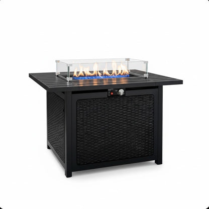 Outdoor 2 In 1 Propane Fire Pit Table With Lid &amp; Glass Shield, Rectangular Fire Table, Lava Rock &amp; Cover - Black