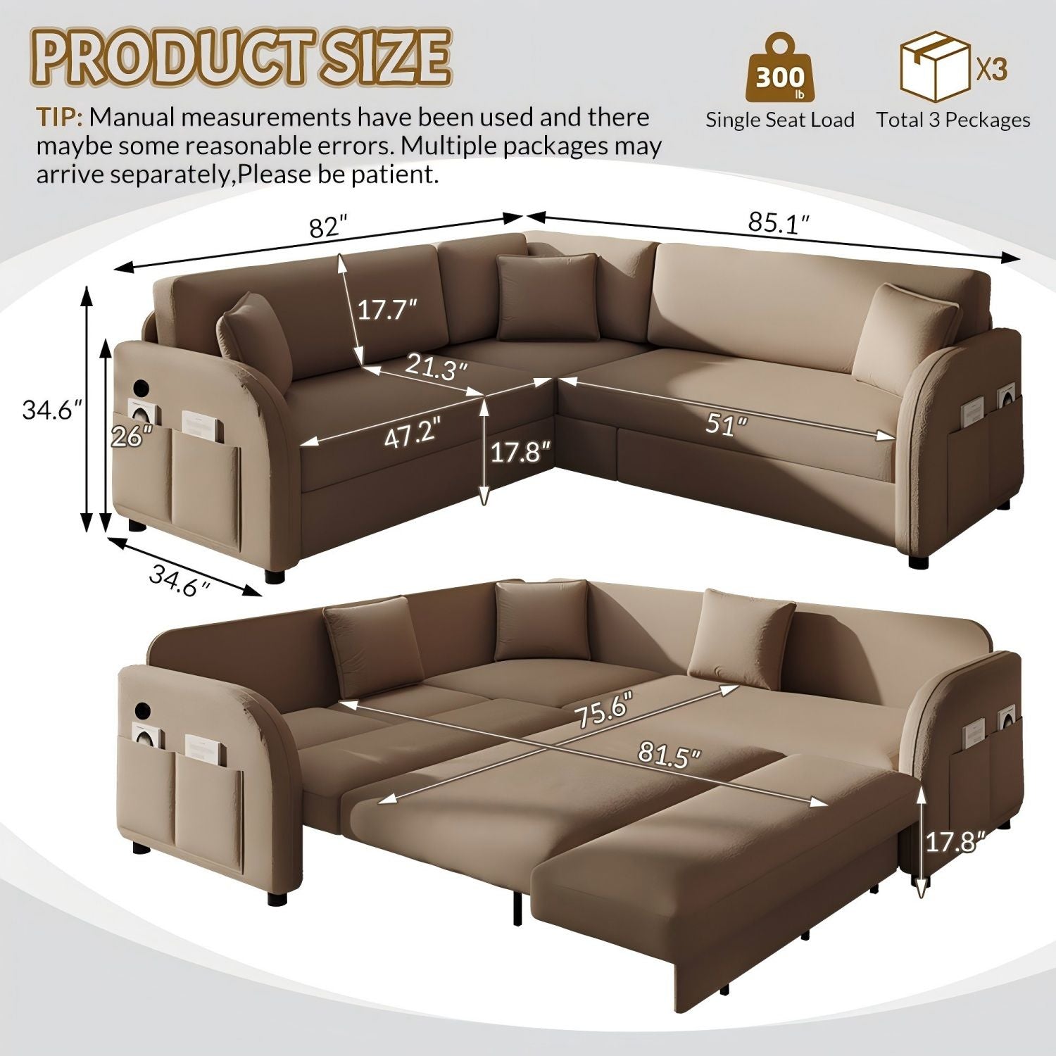 L-Shaped Couch With Pull-Out Bed, Oversize Convertible Sleeper Sofa With Side Pocket &amp; USB Port