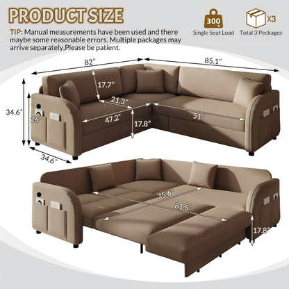 L-Shaped Couch With Pull-Out Bed, Oversize Convertible Sleeper Sofa With Side Pocket &amp; USB Port