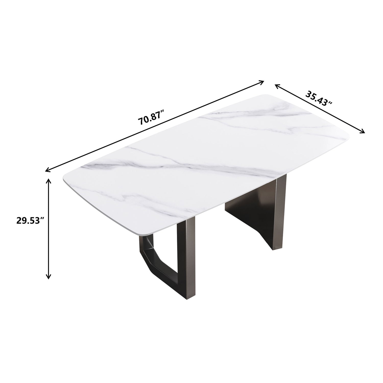 70.87&quot; Modern Artificial Stone White Curved Black Metal Leg Dining Table - White / Black