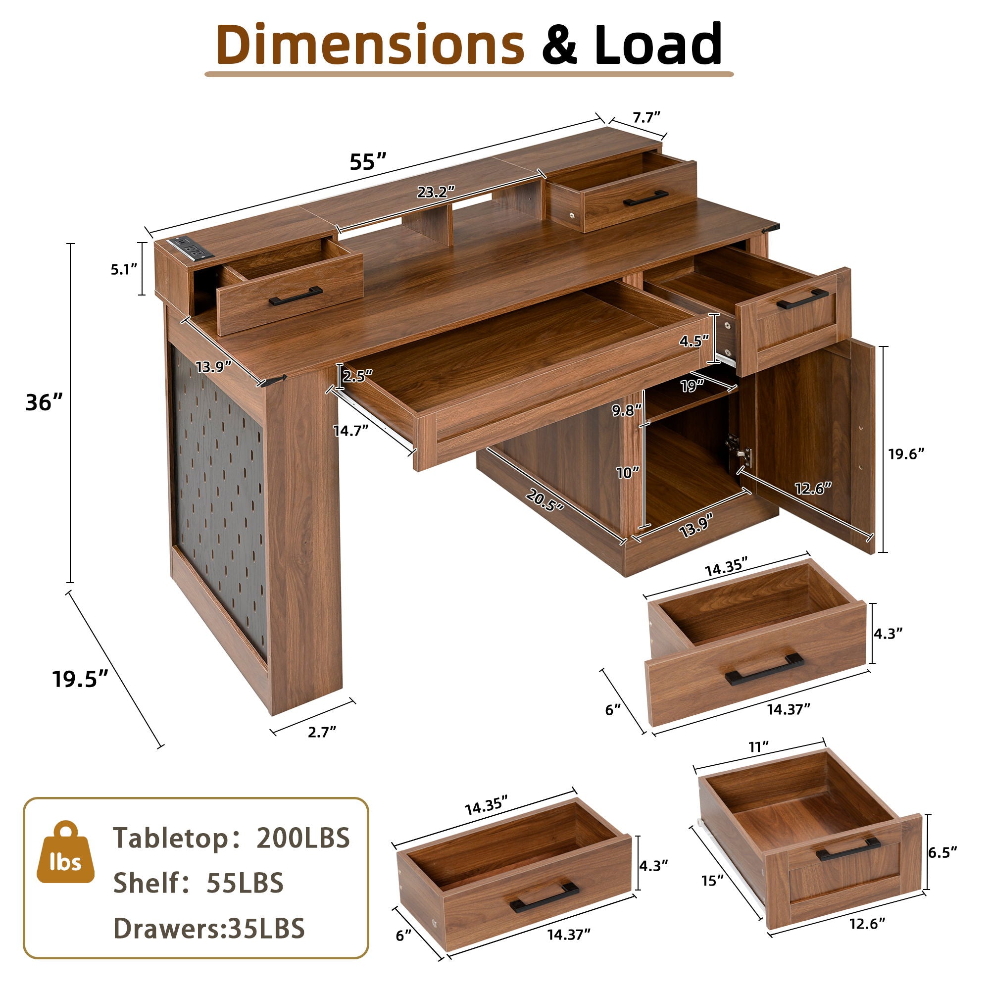 Office Desk With Storage Cabinet, Charging Station, Monitor Stand &amp; Pegboard