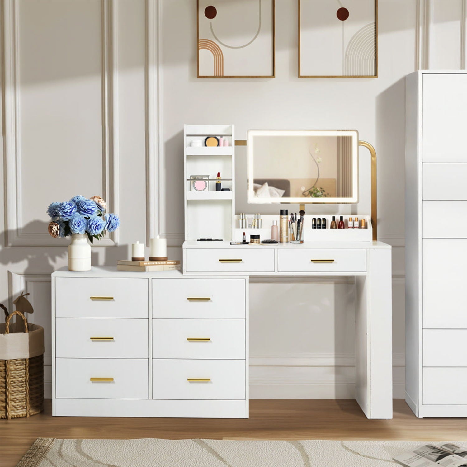 Modern 8 Drawer Dresser For Bedroom Ample Storage Wide Chest Of Drawers, Sturdy &amp; Safe - White
