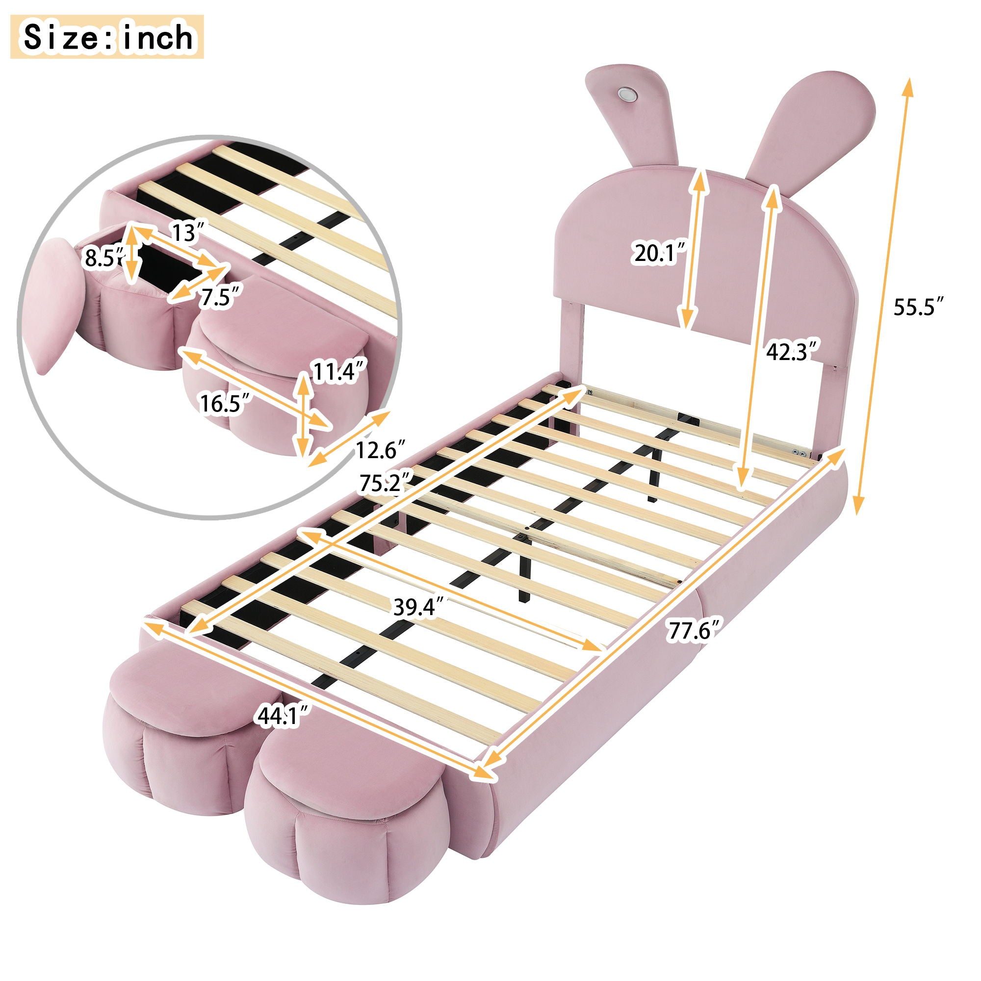 Upholstered Platform Bed With Cartoon Ears Shaped Headboard And LED Light