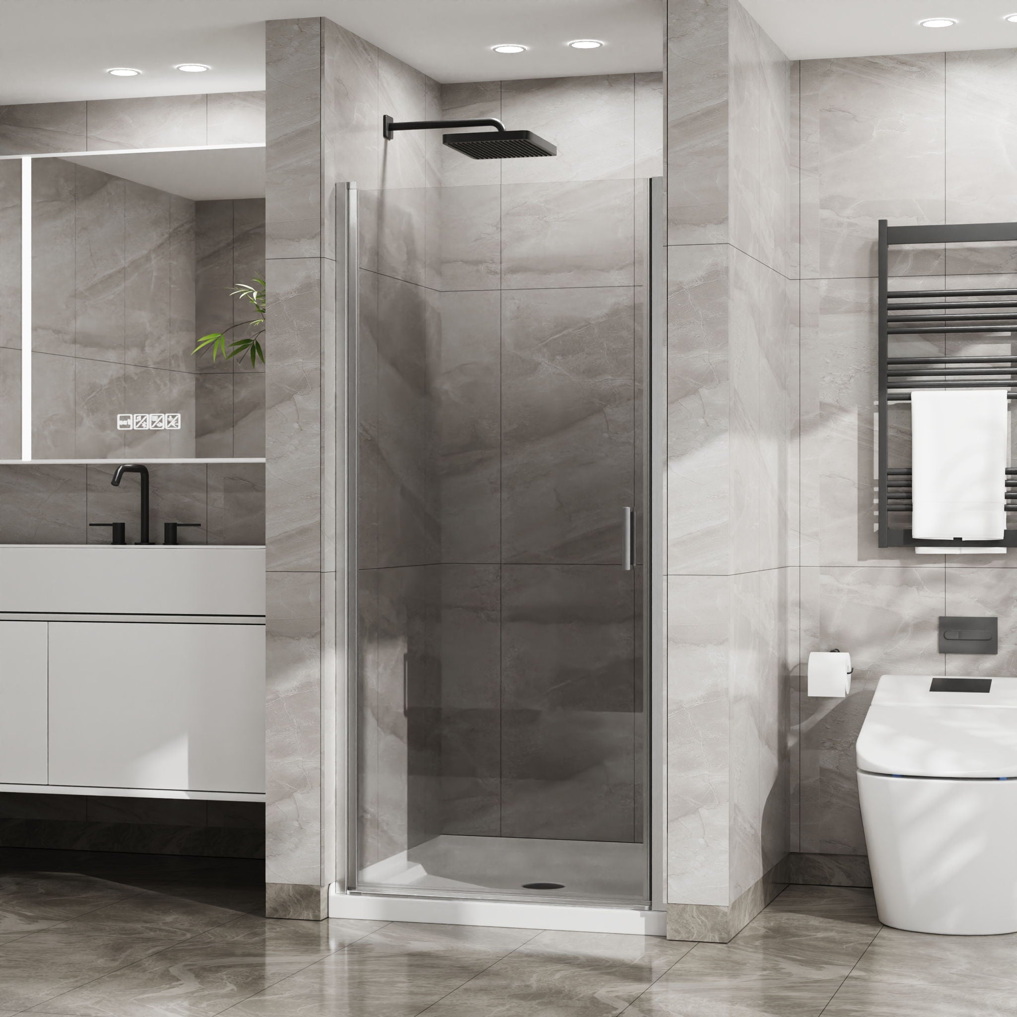 Pivot Shower Door, Tempered Glass, Semi Frameless