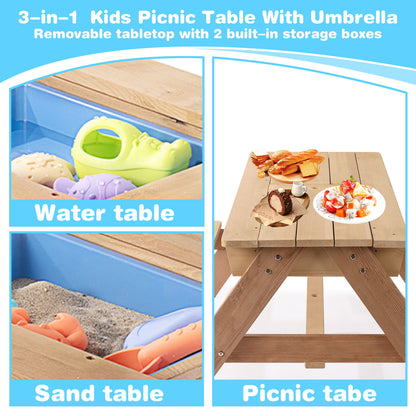 3-In-1 Kids Outdoor Wooden Picnic Table With Umbrella, Convertible Sand &amp; Water, ASTM &amp; CPSIA Certification