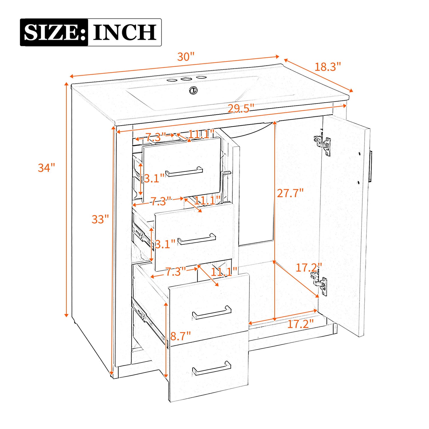 Ceramic Sink Combo, Freestanding Vanity Set With 3 Drawers &amp; Soft Closing Doors