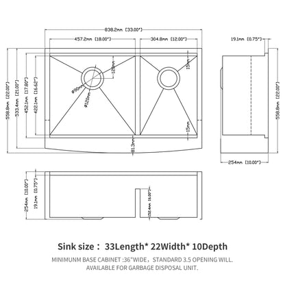 Double Bowl Farmhouse Sink Workstation 33&quot; Stainless Steel 16 Gauge Apron Front - Black / Gray