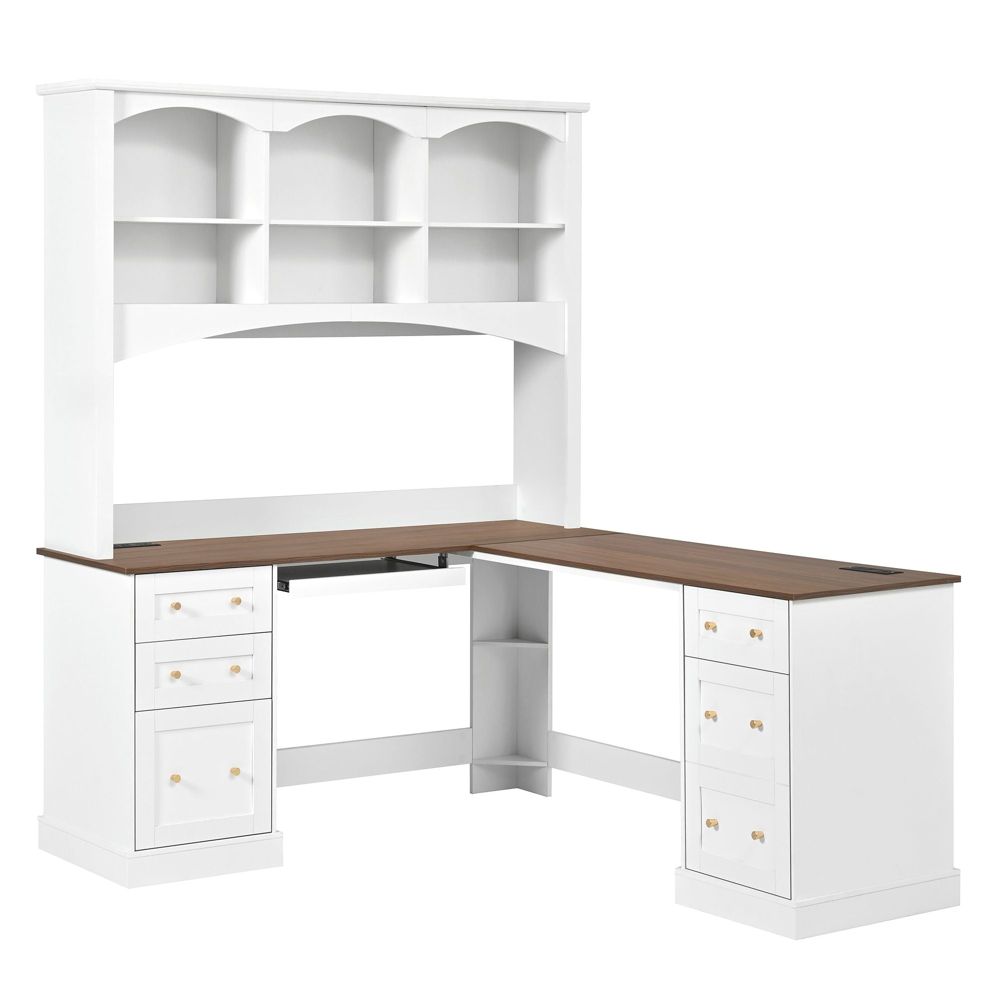 Space Saving L-Shaped Computer Desk With Keyboard Tray &amp; Charging Stations