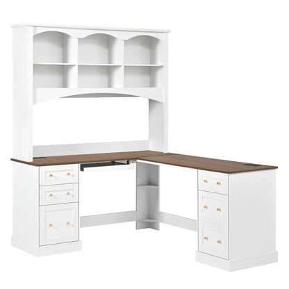 Space Saving L-Shaped Computer Desk With Keyboard Tray &amp; Charging Stations