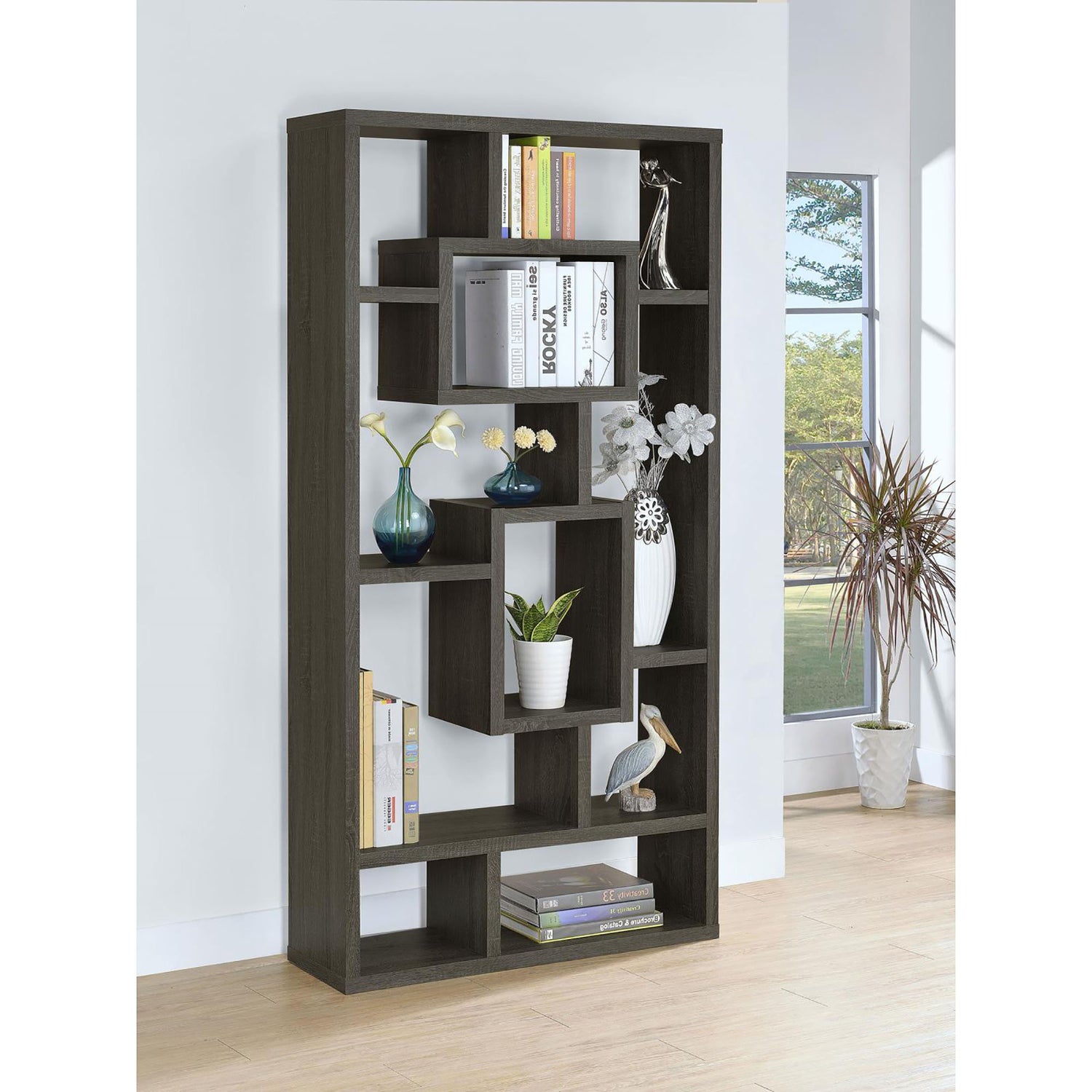 10 Shelf Open Back Bookcase With Interlocking Shelves - Gray