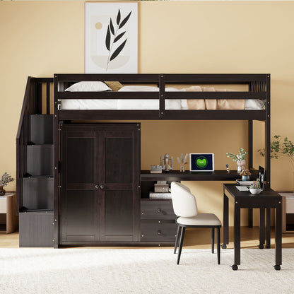 Loft Bed With Stairs, Bookshelf, Drawers, Desk &amp; Wardrobe, Space Saving Multifunctional Furniture