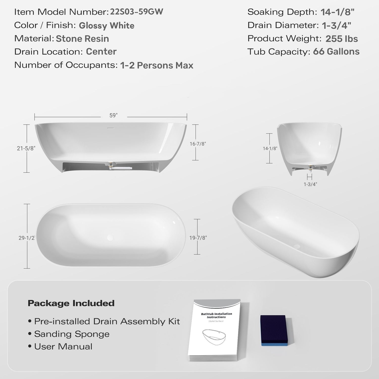 59&quot; Freestanding Solid Surface Bathtub, Luxury Man-Made Stone Resin Freestanding Soaking Bathtub With Overflow And Pop-Up Drain For Contemporary Bathroom 22S03-59Gw - Glossy White