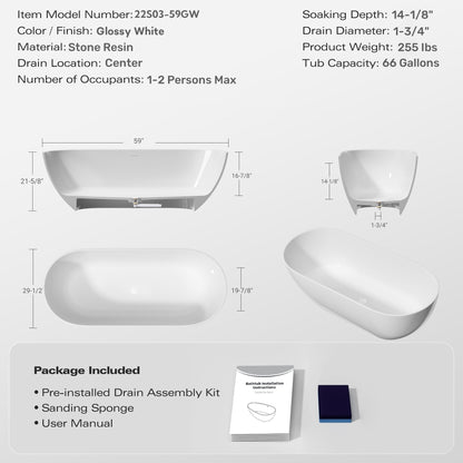 59&quot; Freestanding Solid Surface Bathtub, Luxury Man-Made Stone Resin Freestanding Soaking Bathtub With Overflow And Pop-Up Drain For Contemporary Bathroom 22S03-59Gw - Glossy White