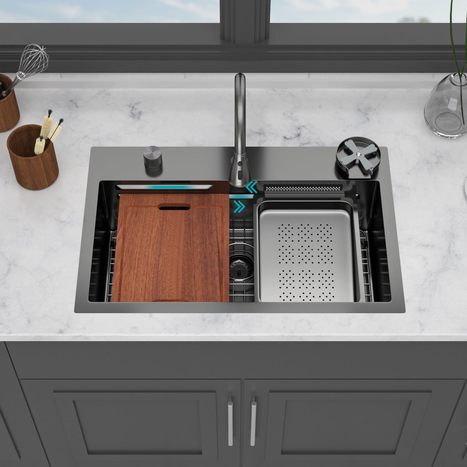 Drop In Waterfall Kitchen Sink With Pull Out Faucet &amp; Cup Washer