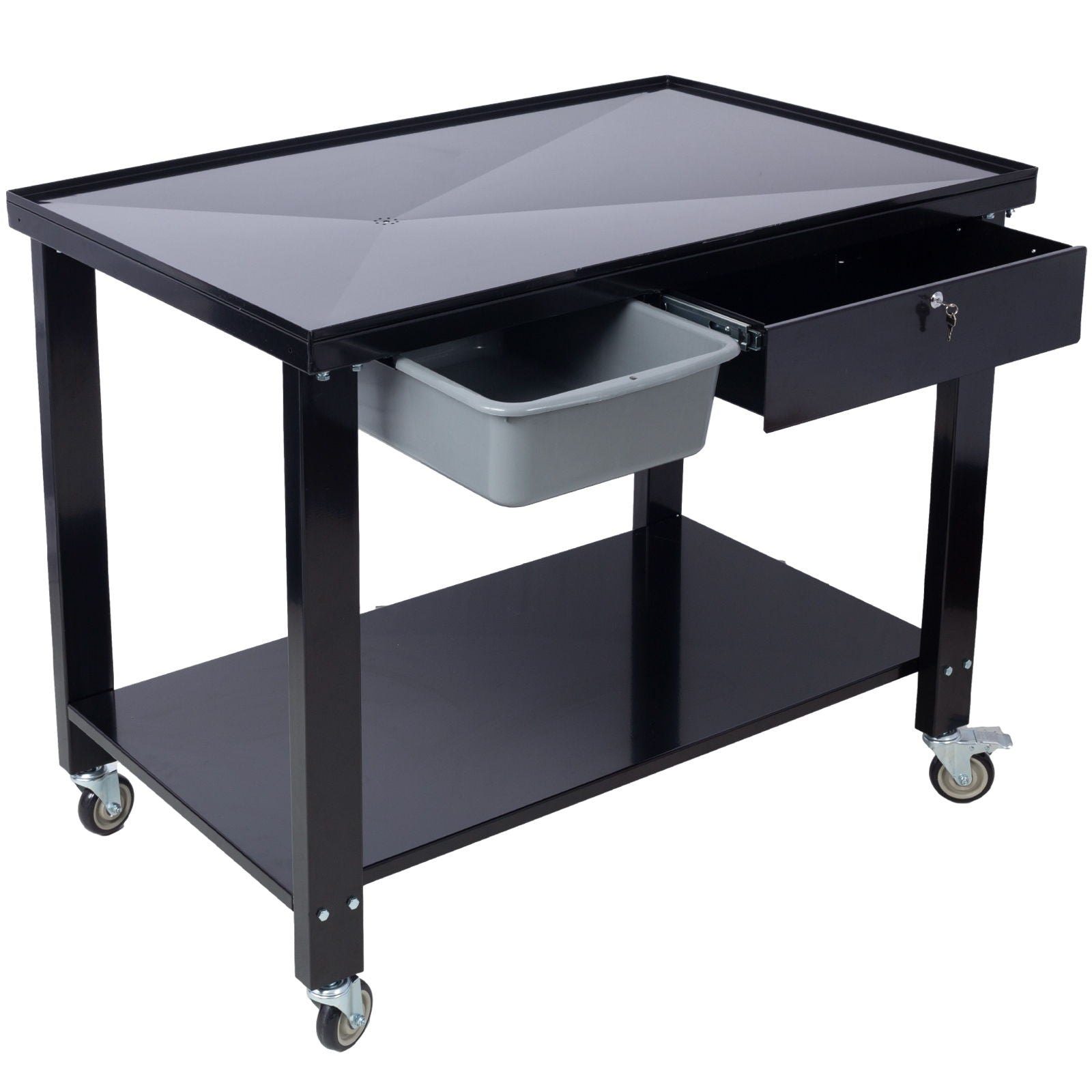 Transmission Teardown Work Station 1 / 2 Ton Capacity Sloping Drain Table Locking Drawer Removable Drain Basin Full-Width Lower Shelf Four 4&quot; Caster Wheels