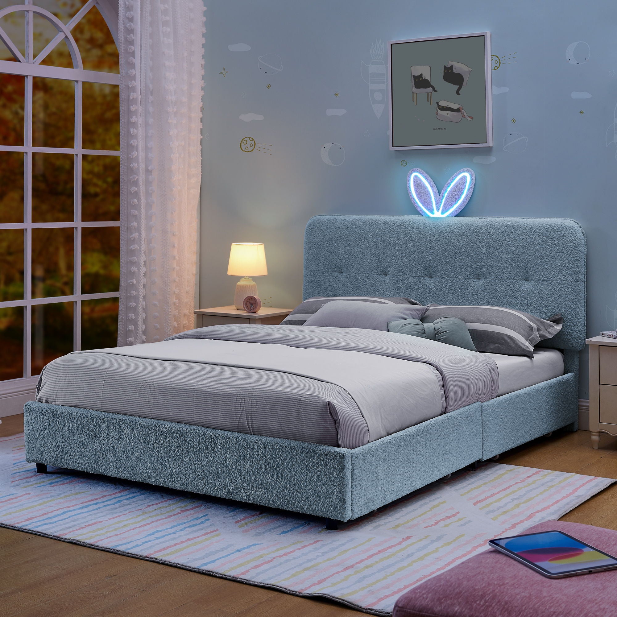 Upholstered Bed With Oversized Rabbit Ear Headboard, LED Lights &amp; 4 Storage Drawers