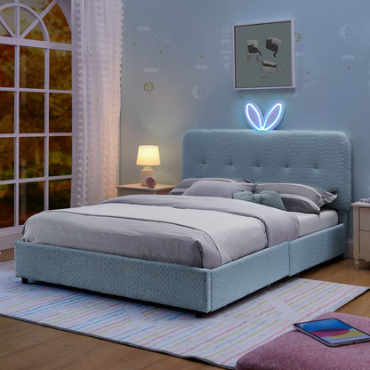 Upholstered Bed With Oversized Rabbit Ear Headboard, LED Lights &amp; 4 Storage Drawers