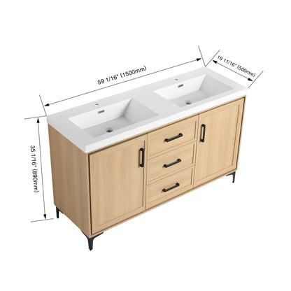 Original 60&quot; Freestanding Bathroom Vanity With Double Resin Sink Plywood Soft Closing Doors &amp; Drawers - Oak
