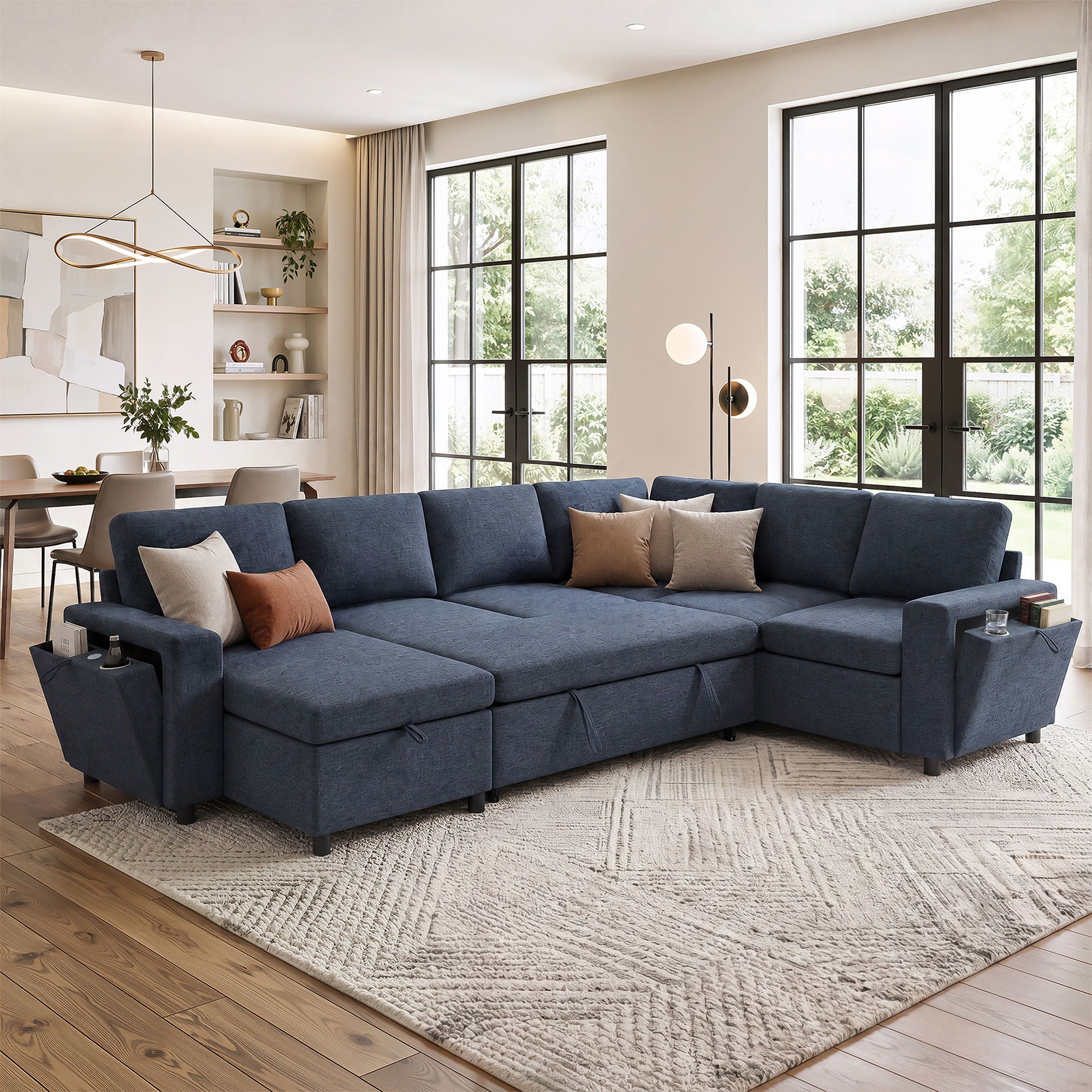 U - Shaped Convertible Sectional Sofa Bed With Storage, USB Charger &amp; Cup Holders