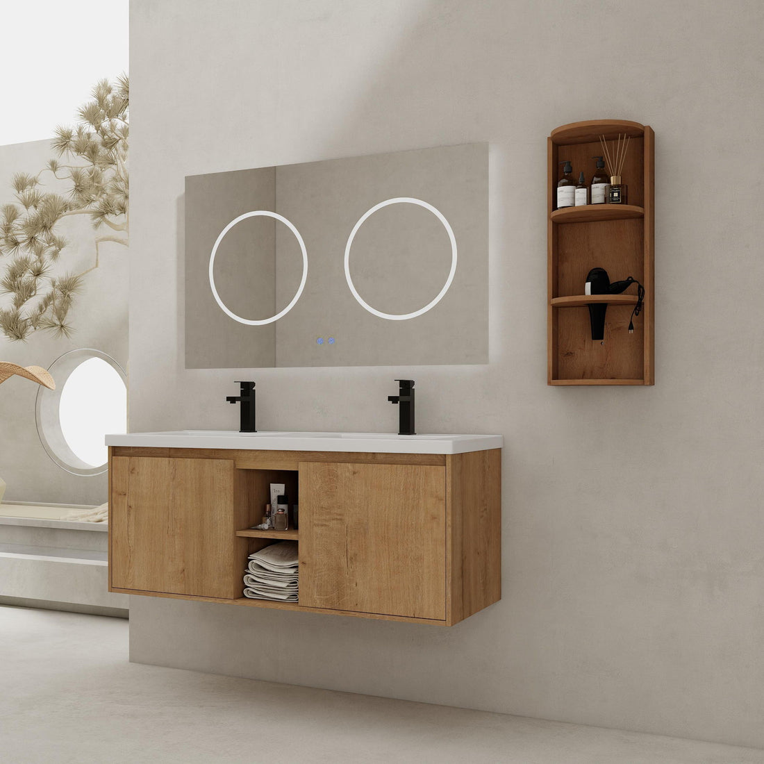 48&quot; Wall Mounted Bathroom Vanity With Double Resin Sink And Storage Rack Soft Close Doors Plywood Construction - Imitative Oak