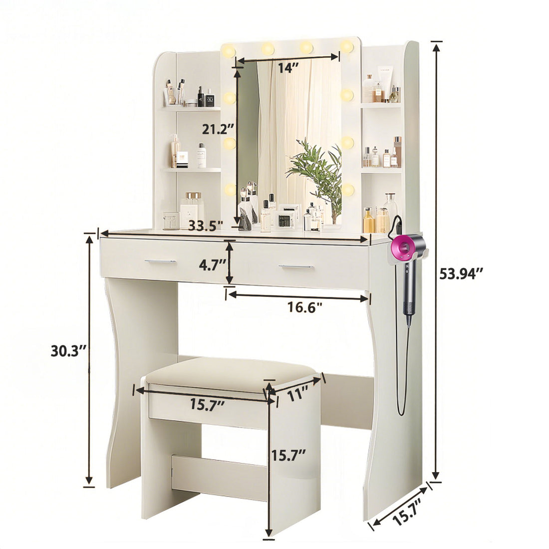 Vanity Desk Set With Mirror &amp; Adjustable Lights Power Outlet And Hair Dryer Rack 2 Drawers And 6 Shelves Includes Cushioned Stool - White