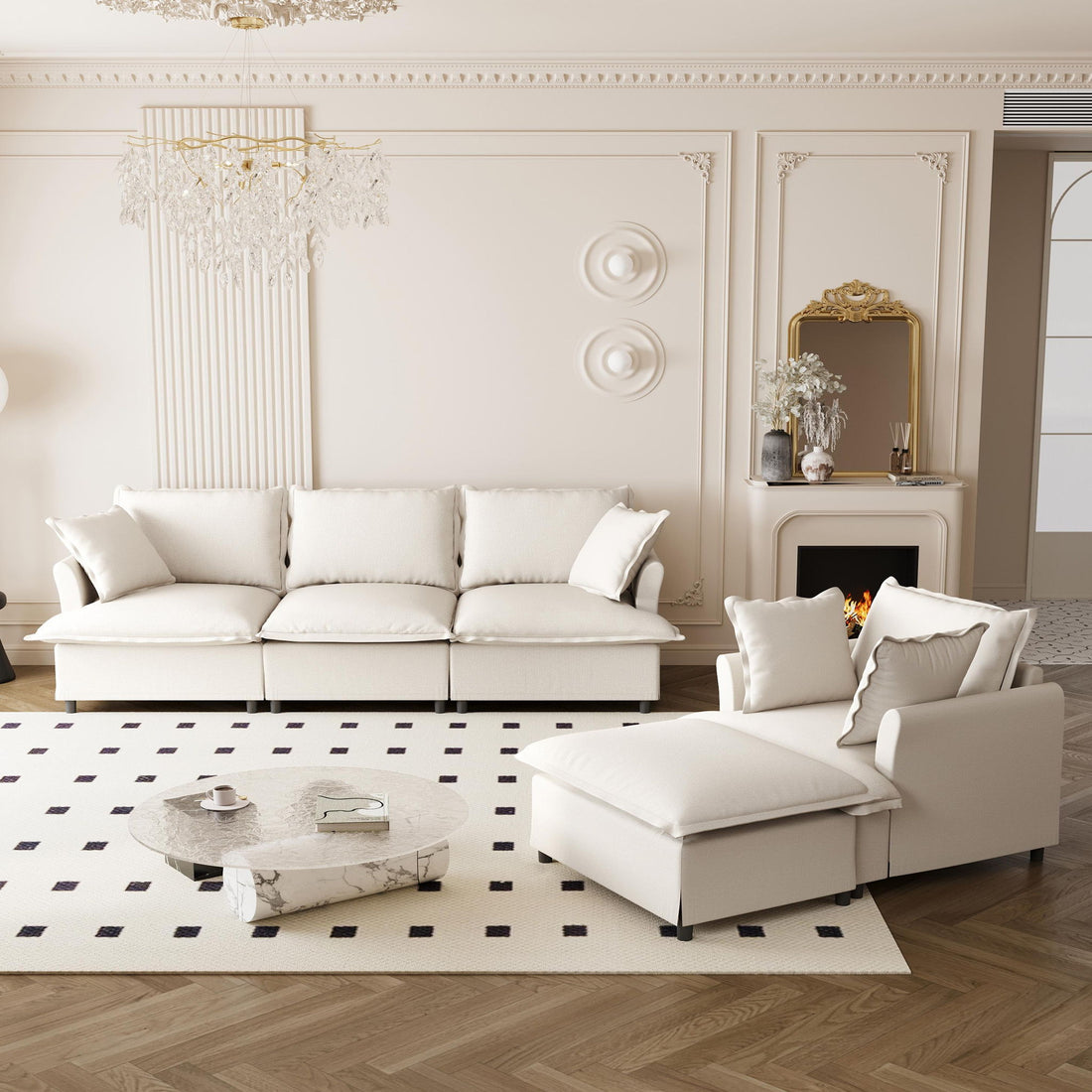 Living Room Set Modular Sectional Couch, Upholstered Sofa &amp; Armchair &amp; Movable Ottoman